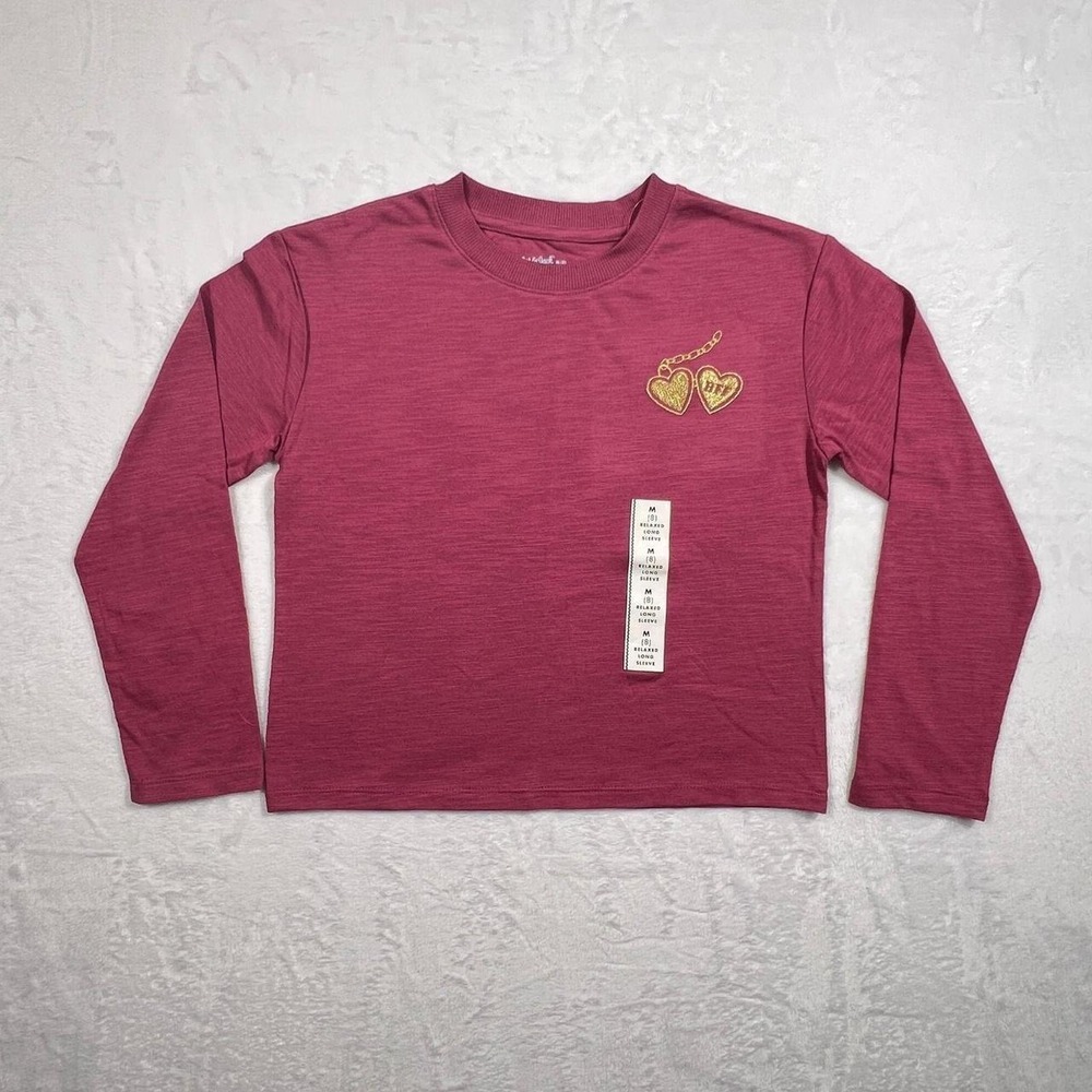 Cat & Jack Girls M 8 Berry Pink BFF Locket Glitter Long Sleeve Relaxed Tee NEW